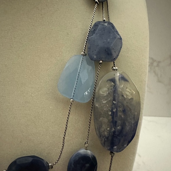 Chico’s 3-Strand Necklace. Beads in Blue Tones. Silver Tone Chain. - Picture 2 of 5